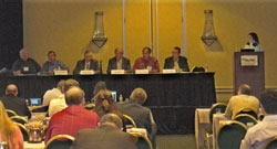 <I>From right to left: Ginger Cushing, Michelman (moderator); Jim Lush, Celplast Metallized Products; George Fickau,Coating Excellence International; Tom Dunn, Printpack; Tony Lyons, Imerys; Duane Smith, Davis- Standard; Doug Howard, Paper Engineering. Presented remotely: David Roisum, Finishing Technology, and Giancarlo Caimmi, Nordmeccanica (Italy).</I>